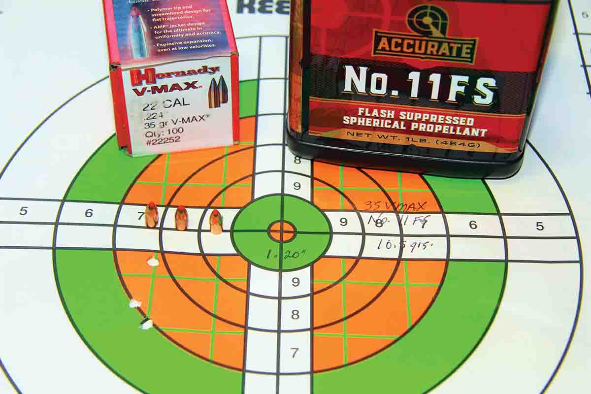 Hornady’s 35-grain V-MAX and 10.5 grains of Accurate No. 11 FS paired well, producing this 1.20-inch group that left the muzzle at 1,940 fps.